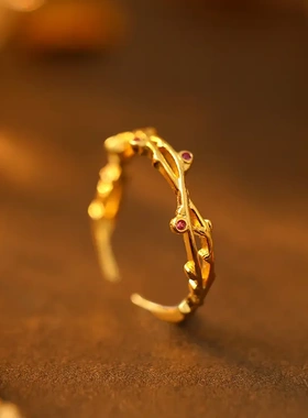 s92银荆棘树枝镶钻戒指女冷淡风开口可调节小众指戒新款潮