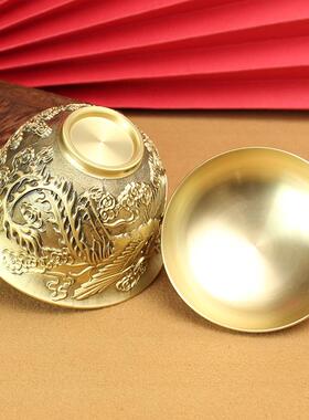 新款龙凤盖碗铜茶杯铜茶碗摆件纯铜手工黄铜复古茶具摆件