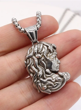 p1107 古希腊神话美女蛇头复古钛钢吊坠项链