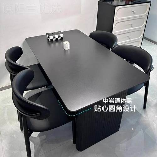 式极简RWJ色哑光岩板餐桌椅意组合小黑户型轻奢家用租屋饭桌出长 - 图1