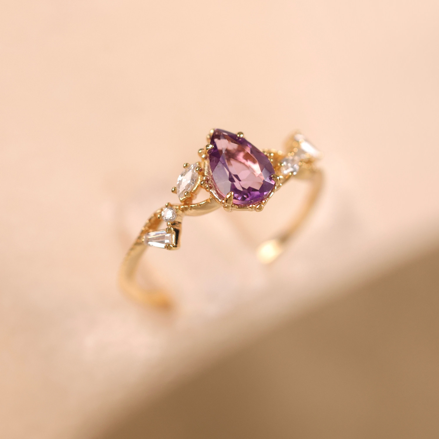 Luosheng <Lihuo> Natural Amethyst Colored Treasure Light Luxury Elegant High-grade Silver Gold Plated Ring Gift for Best Friend