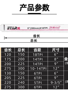 往复锯锯条马刀锯金属铁木工锯片塑料粗齿细齿曲线切割电动电锯条