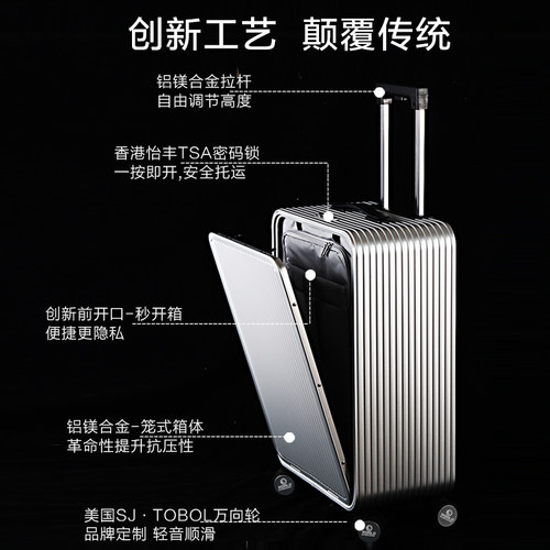 [新款]德国世界地理前开盖金属行李箱男铝镁合金拉杆箱密码旅行箱-图2