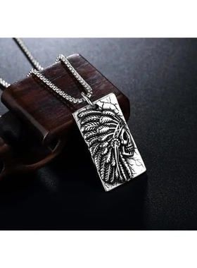 p0336-01 饰品 欧美复古朋克印第安人男士钛钢吊牌项链