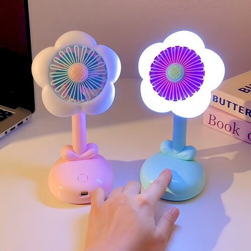 可爱花朵迷你台式风扇便携桌面学生宿舍创意高颜值实用小夜灯风扇 - 图0