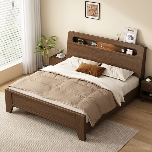 政府补贴床1米8双人床家用卧室大床1米5可置物单人床中古风实木床 - 图1