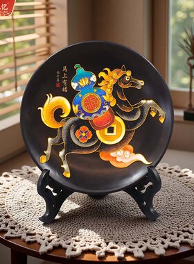 2026马年文创黑马马上有福济南非遗龙山黑陶掐丝景泰蓝工艺品摆件