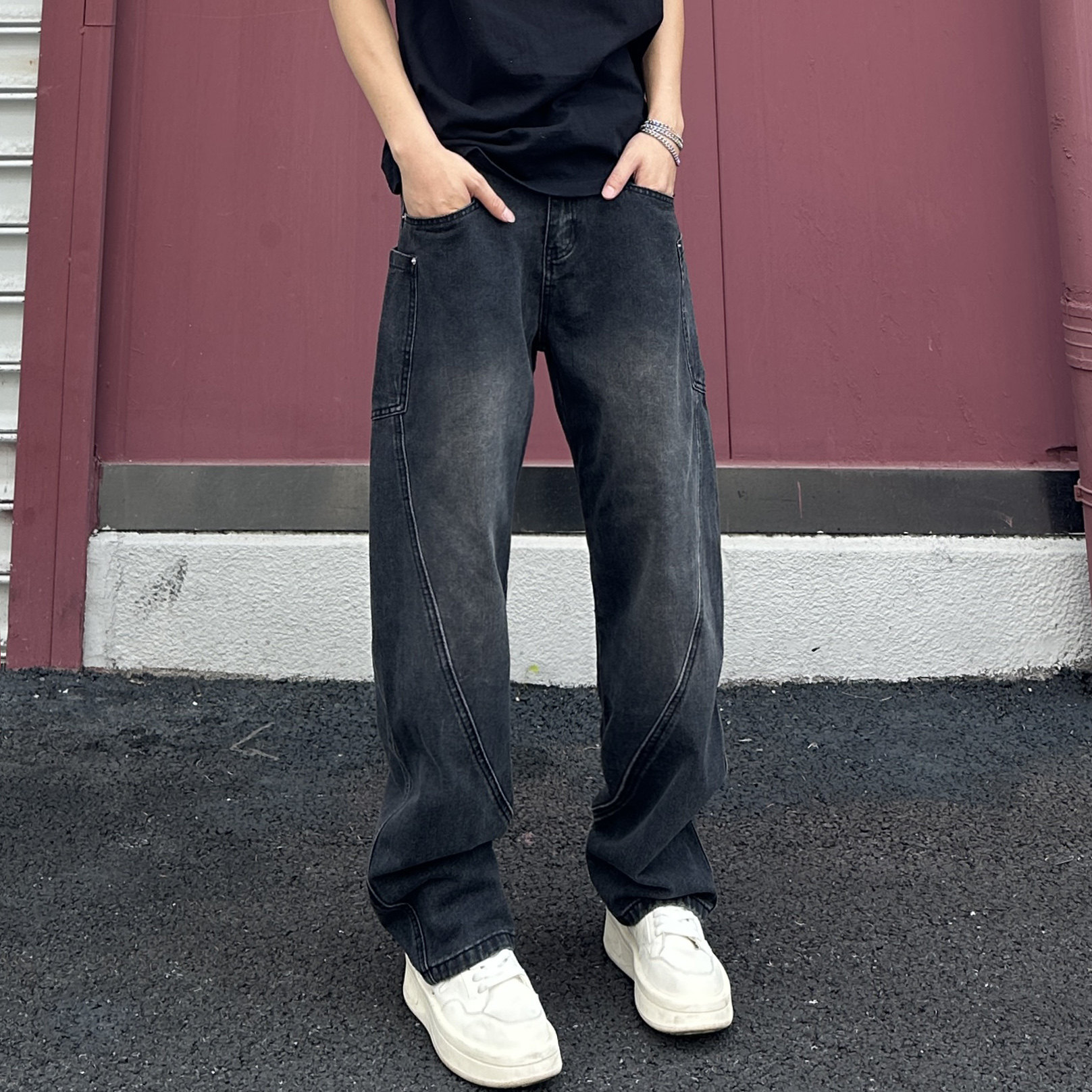 QUALCOMM潮流弯刀牛仔裤男2025秋冬新款宽松阔腿裤美式复古长裤子 - 图0