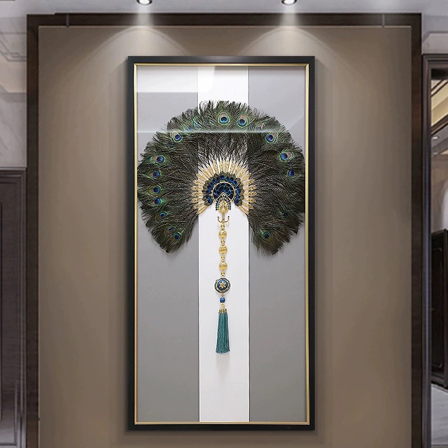 新中式入户玄关画走廊过道尽头壁画3d实物立体装饰画孔雀羽毛挂画 - 图0