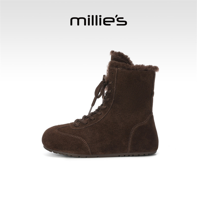 millies妙丽加绒短靴女款秋冬系带骑士靴真皮马丁靴加棉保暖棉靴,淘宝优惠券,粉丝福利购,淘宝优惠卷