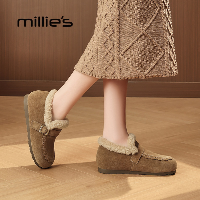 MILLIE'S/妙丽雪地靴女款2025新款豆豆鞋加绒一脚蹬反绒皮勃肯鞋,淘宝优惠券,粉丝福利购,淘宝优惠卷