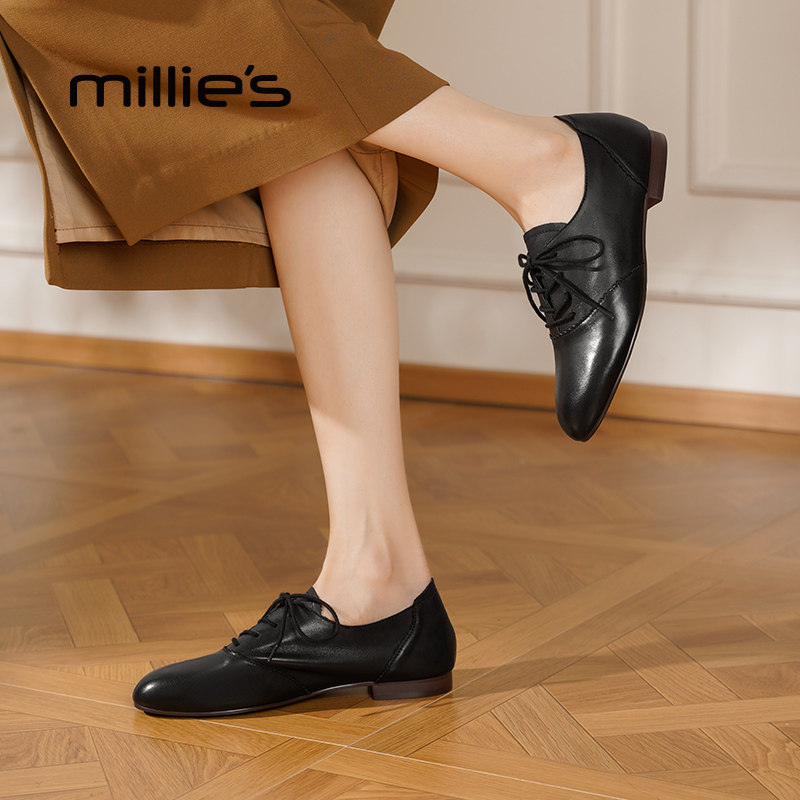 millies妙丽女鞋复古深口单鞋女2025秋季新款平底百搭黑色小皮鞋,淘宝优惠券,粉丝福利购,淘宝优惠卷