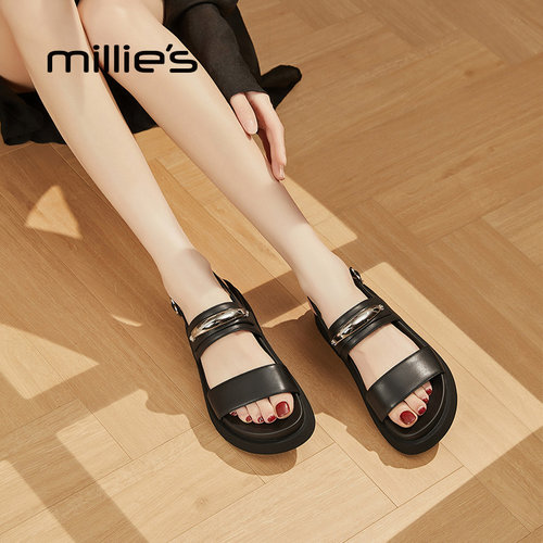 MILLIE'S/妙丽黑色真皮厚底一字带凉鞋女2026夏季新款休闲罗马鞋-图2