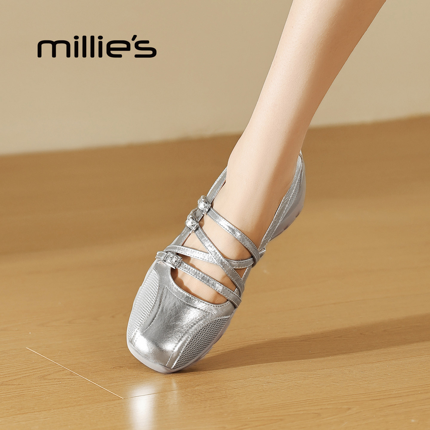 MILLIE'S/妙丽银色真皮玛丽珍鞋女厚底交叉扣带浅口百搭舒适单鞋,淘宝优惠券,粉丝福利购,淘宝优惠卷