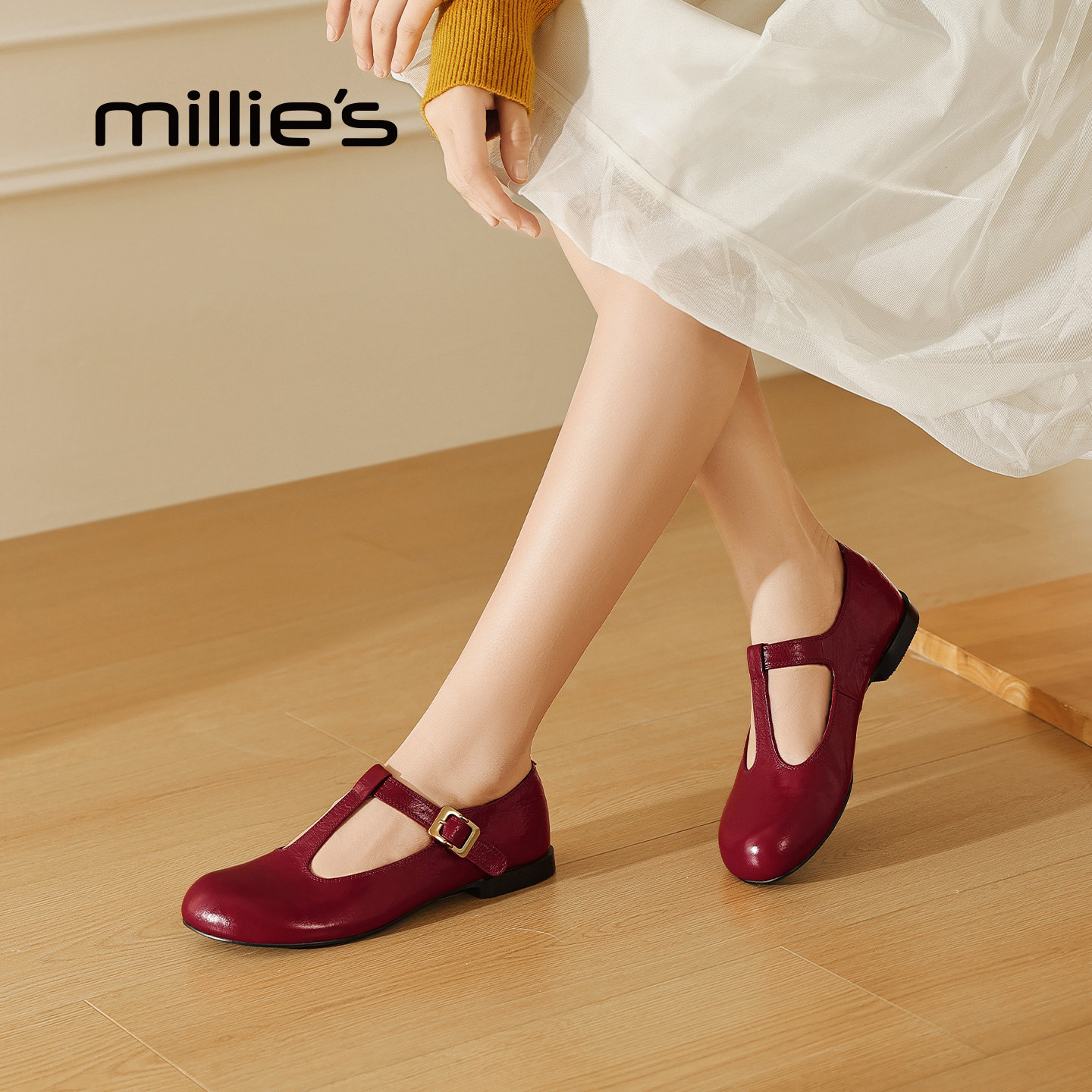 MILLIE'S/妙丽真皮玛丽珍鞋舒适软底丁字带浅口单鞋女鞋春季新款,淘宝优惠券,粉丝福利购,淘宝优惠卷