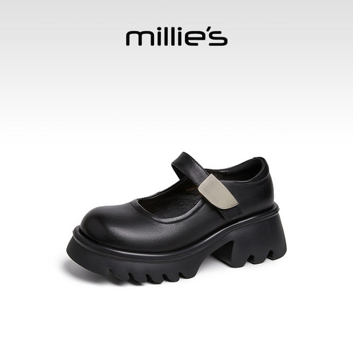 millies妙丽乐福鞋女鞋2025秋季新款时尚休闲高跟复古圆头小皮鞋 - 图2
