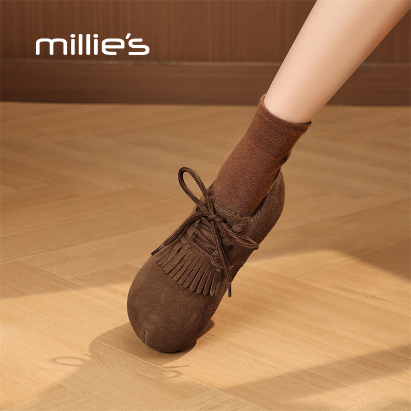 millies妙丽真皮全包勃肯鞋秋冬新款加绒毛毛鞋子流苏系带休闲鞋 - 图3