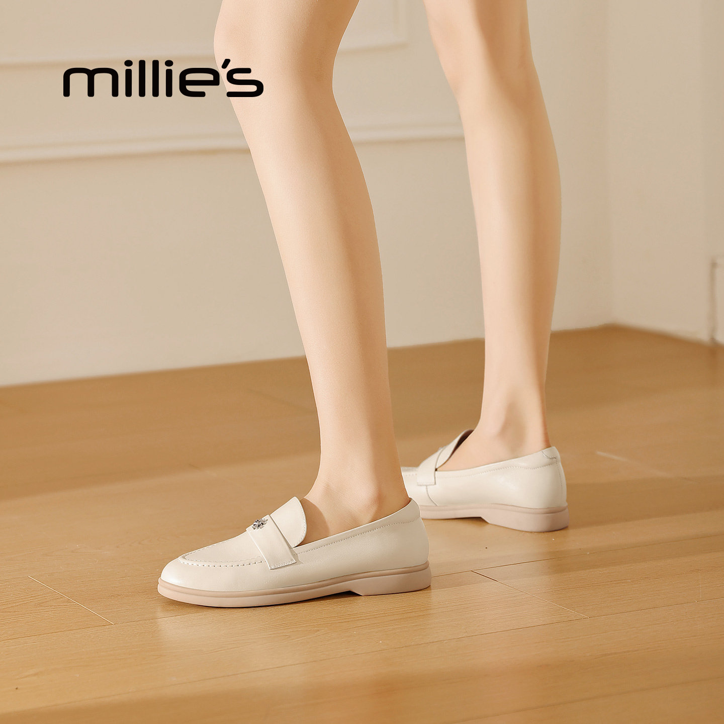 MILLIE'S/妙丽真皮乐福鞋女通勤百搭一脚蹬豆豆鞋金属扣牛皮单鞋,淘宝优惠券,粉丝福利购,淘宝优惠卷