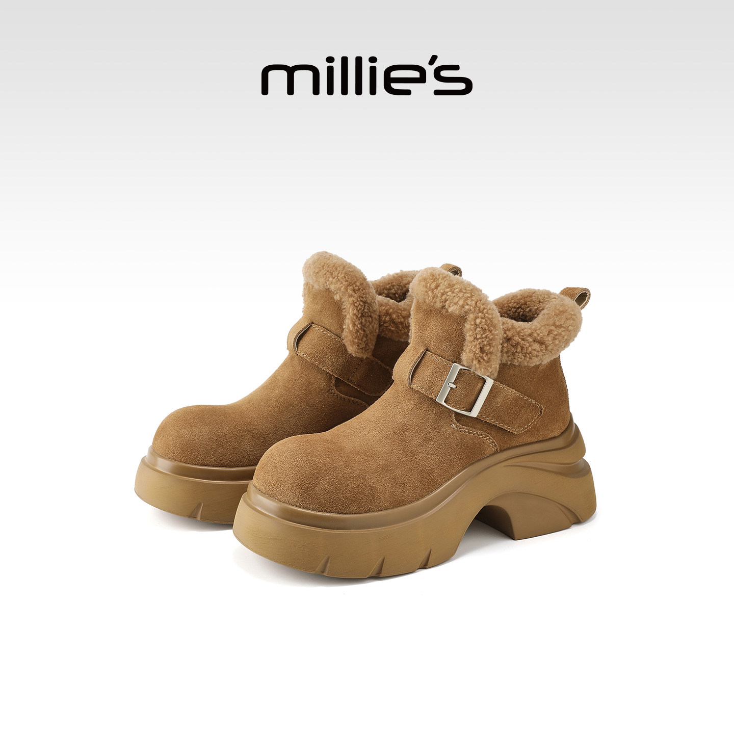 MILLIE'S/妙丽厚底雪地靴女款羊毛翻边加绒真皮大棉鞋子秋冬新款,淘宝优惠券,粉丝福利购,淘宝优惠卷