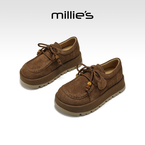 millies妙丽勃肯鞋女全包厚底2025冬季薄绒复古单鞋加棉乐福鞋子 - 图1