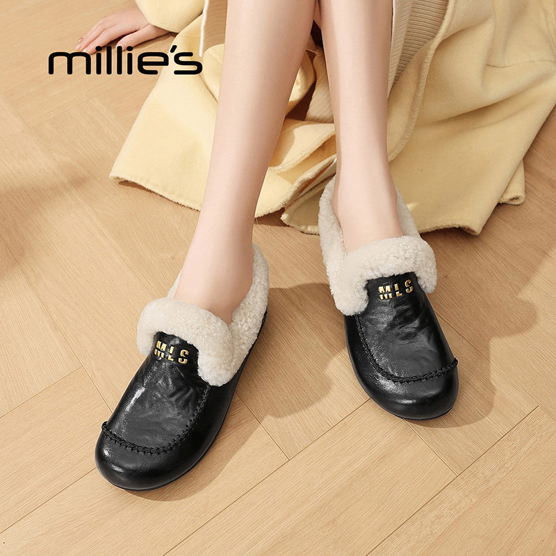 MILLIE'S/妙丽毛绒勃肯鞋冬季一脚蹬保暖棉鞋棕色加绒毛毛鞋女款,淘宝优惠券,粉丝福利购,淘宝优惠卷