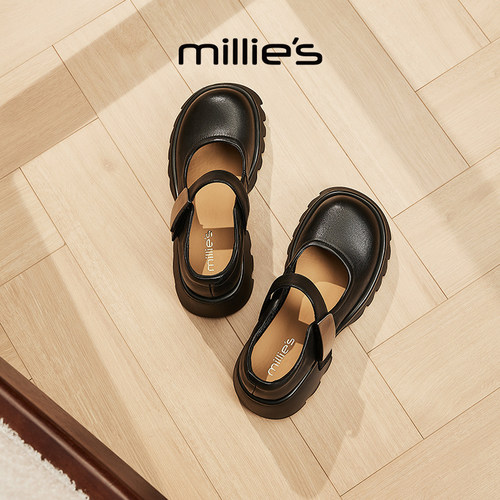 millies妙丽乐福鞋女鞋2025秋季新款时尚休闲高跟复古圆头小皮鞋 - 图1