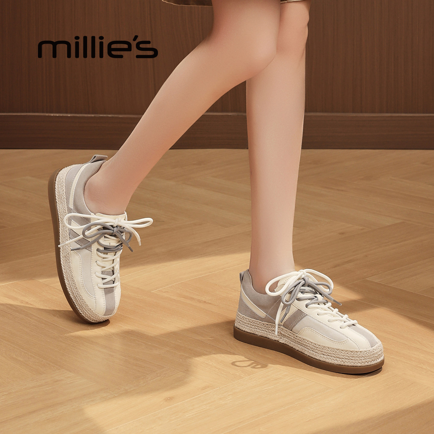 MILLIE'S/妙丽米色系带渔夫鞋女款平底休闲板鞋百搭舒适深口单鞋,淘宝优惠券,粉丝福利购,淘宝优惠卷