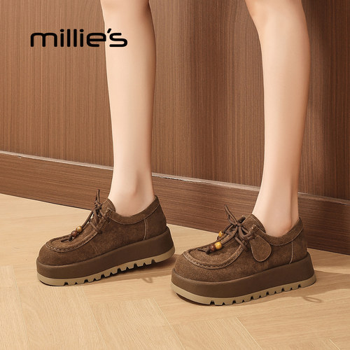 millies妙丽勃肯鞋女全包厚底2025冬季薄绒复古单鞋加棉乐福鞋子 - 图2