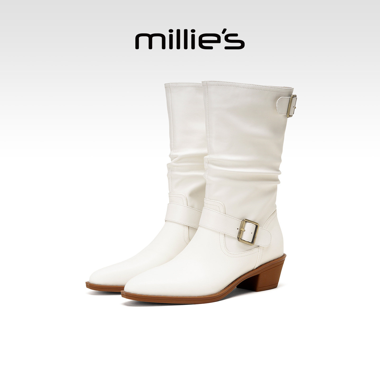 millies妙丽白色时装靴女2025冬季新款加绒粗跟尖头骑士马丁女靴,淘宝优惠券,粉丝福利购,淘宝优惠卷