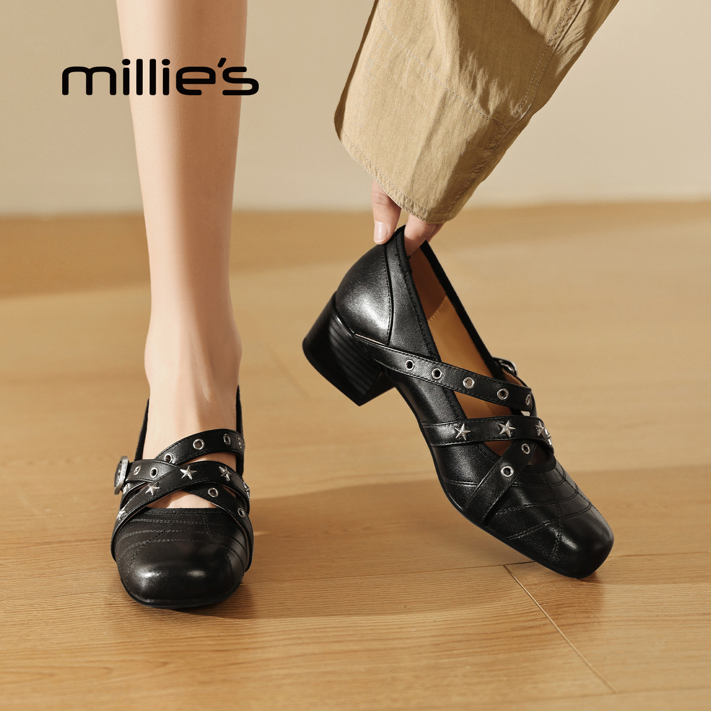 MILLIE'S/妙丽优雅玛丽珍鞋真皮女款黑色浅口单鞋交叉带羊皮鞋子,淘宝优惠券,粉丝福利购,淘宝优惠卷