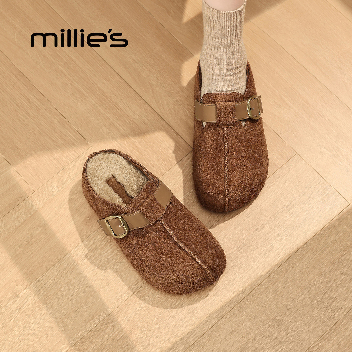 millies妙丽女鞋厚底加绒勃肯半拖鞋2025年冬季新款毛毛包头拖鞋,淘宝优惠券,粉丝福利购,淘宝优惠卷