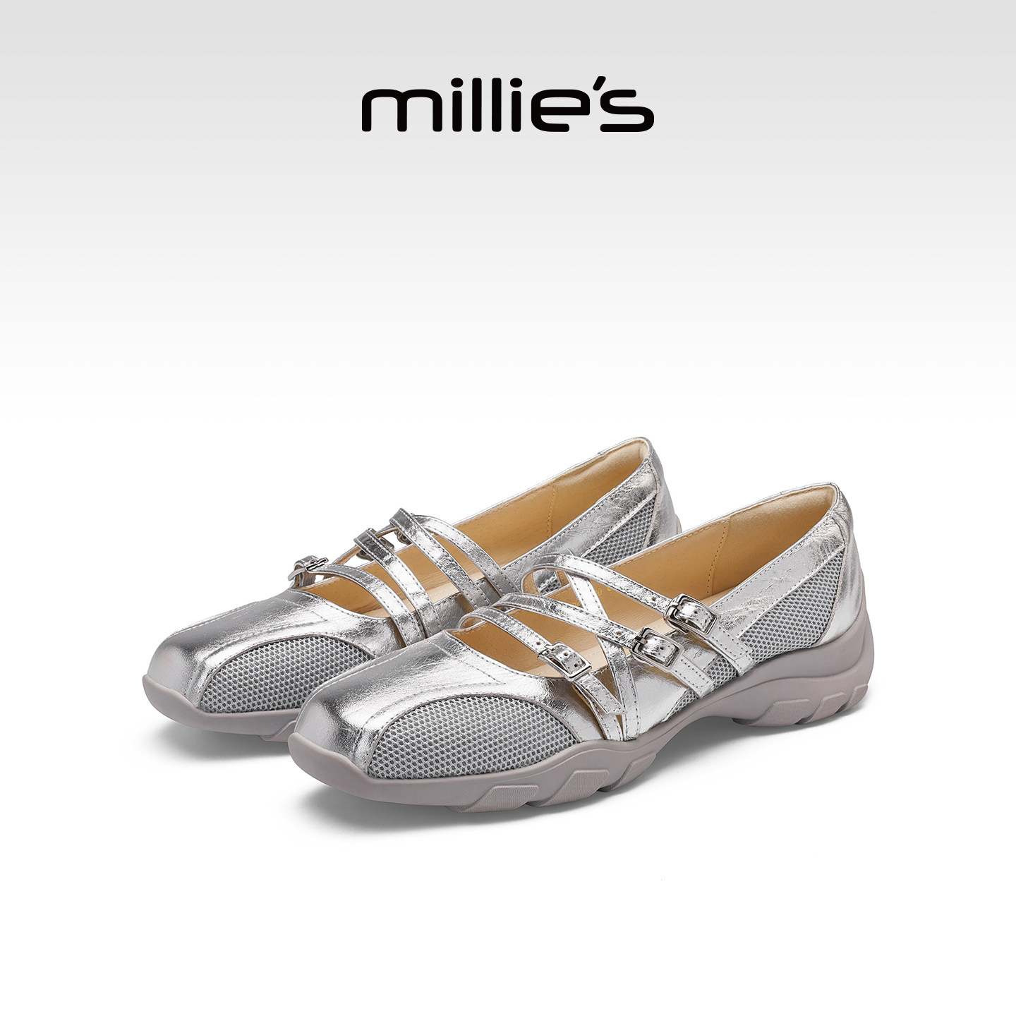 MILLIE'S/妙丽银色真皮玛丽珍鞋女厚底交叉扣带浅口百搭舒适单鞋,淘宝优惠券,粉丝福利购,淘宝优惠卷