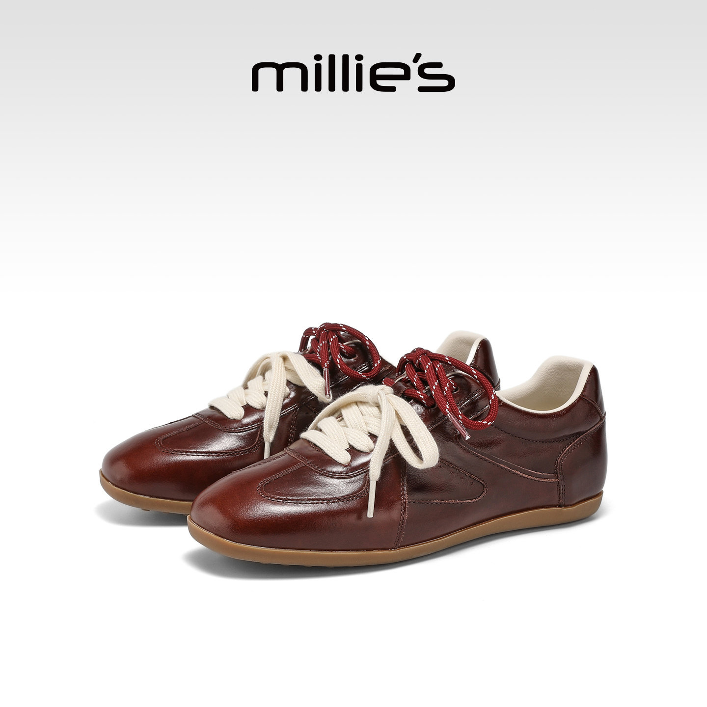MILLIE'S/妙丽真皮复古德训鞋女百搭休闲鞋车厘子色系带深口单鞋,淘宝优惠券,粉丝福利购,淘宝优惠卷