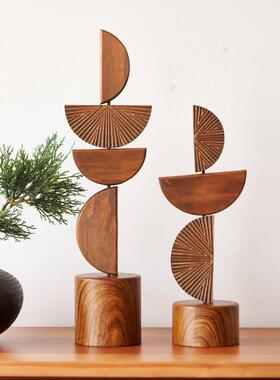 北欧侘寂风半圆形叠叠高木雕几何摆件家居样板间客厅玄关软装饰品