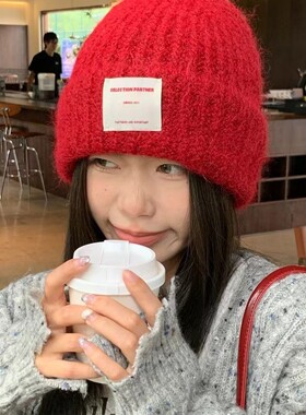 红色毛线帽子女秋冬保暖防寒针织冷帽2026新款大头围显脸小帽子潮