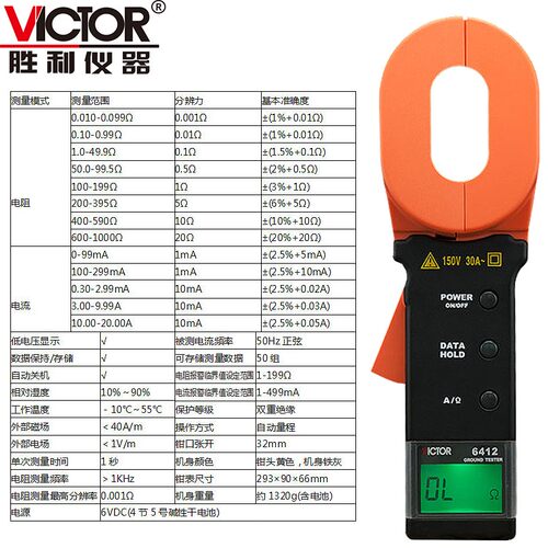 胜利VC6412+钳形接地电阻测试仪VC6410/VC6411防雷检测仪VC6415A - 图2