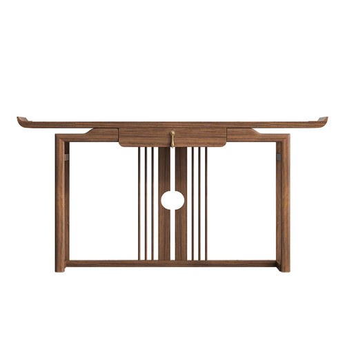 新中式玄关桌条案实木胡桃木色案台入户门厅玄关架轻奢中式老榆木 - 图2