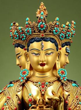 藏村彩珠镶嵌《尊胜佛母》室内家用鎏金《朗觉玛》桌面铜佛像摆件