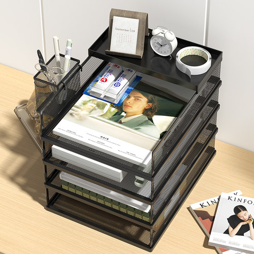 A3A4桌面文件架金属文件框收纳层架铁质多层文件夹架收纳盒书架办 - 图0