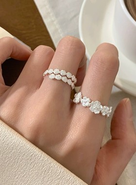 韩国s925纯银花朵戒指女小众简约时尚韩系食指戒气质指环银戒指