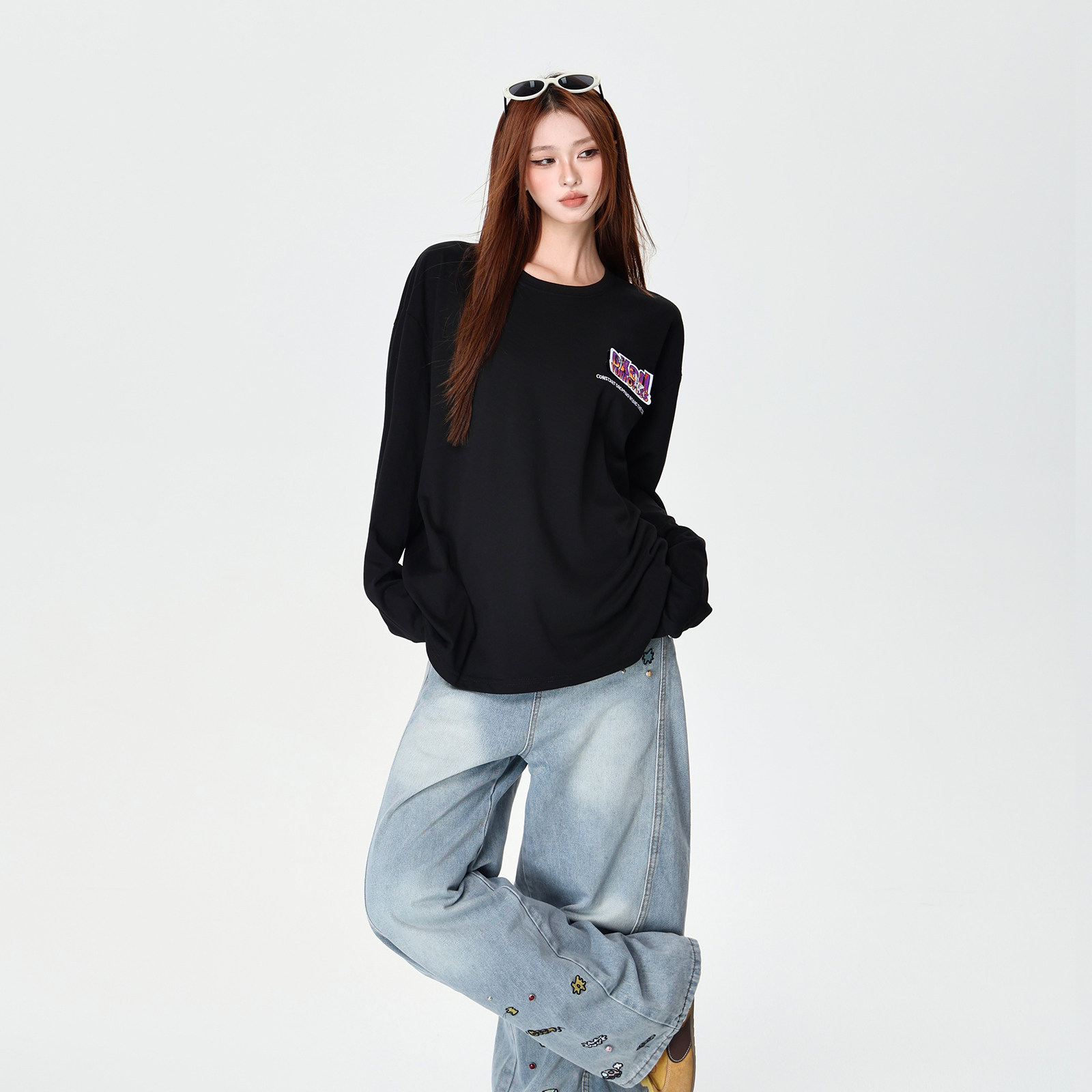 长袖t恤女2026新款时尚宽松百搭魔术贴情侣上衣可外穿打底冬装,淘宝优惠券,粉丝福利购,淘宝优惠卷