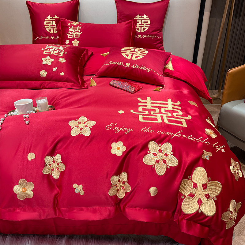 全棉刺绣结婚大红色婚庆四件套纯棉被套高档中式陪嫁简约床上用品 - 图3