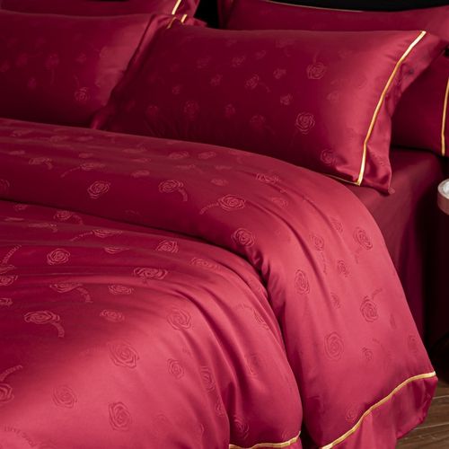 高档浪漫玫瑰提花结婚四件套婚庆红色被套床单陪嫁新婚房喜被床品 - 图0