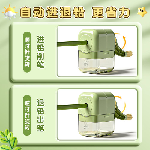 咔巴熊省力手摇卷笔器小学生专用省力不断铅绿色削笔机2026年新款送铅笔削铅笔刀高颜值儿童省力铅笔转笔刀 - 图2