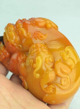 原石雕刻黄龙玉黄玉貔貅小摆件手把件母子貔貅把S玩件招财镇宅平
