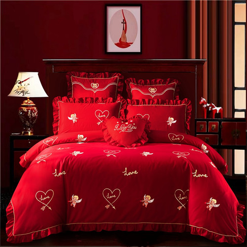 结婚四件套全棉婚庆刺绣纯棉大红色六八十件套新婚房喜被床上用品 - 图1