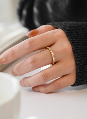 重工高品质~不掉色满圈微镶锆石戒指女指环镀18K金个性小众设计感