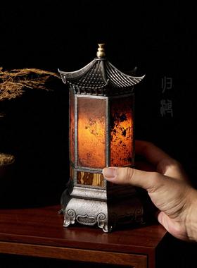 归鸿古篱岩石六方形灯茶室烛台气氛灯高级感茶桌摆件布置灯覆古香