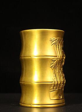 纯铜竹节笔筒摆件双鹤竹节香筒节节高升笔筒工具收纳文房桌面装饰