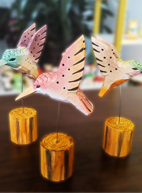 木雕摆件蜂鸟批发纯实木手工雕刻小鸟北欧风木质工艺品桌面装饰